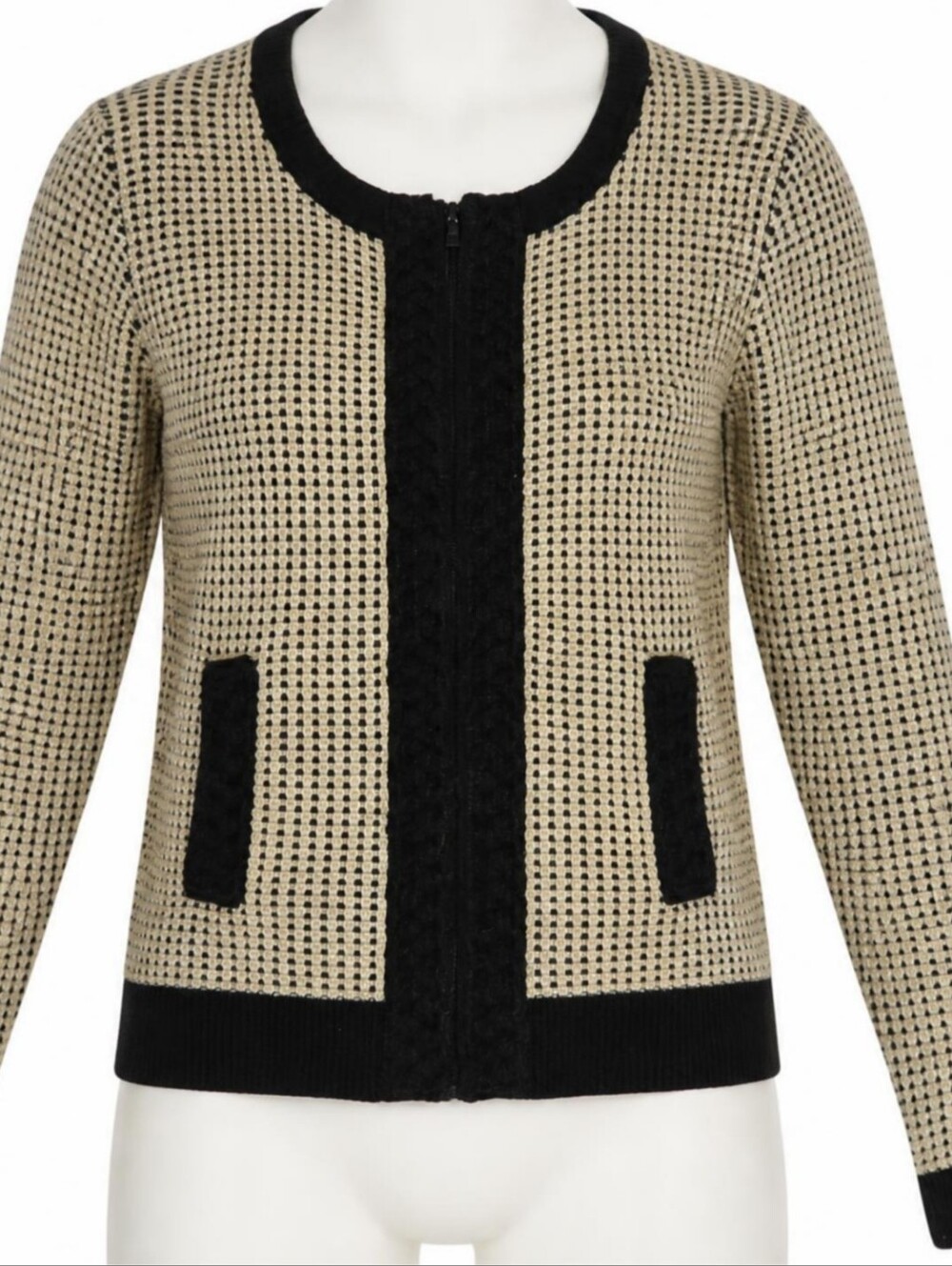 Pink Tartan Merino Wool Mohair Zip Cardigan Jacket Black Cream XL